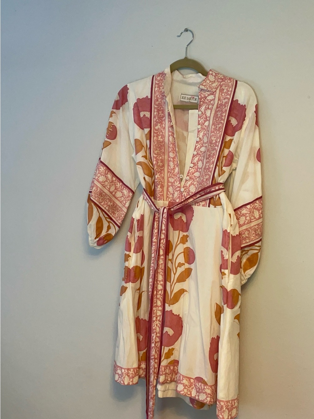 Anthropologie White Tunic Dress with Pink Floral and Tan Accents - Picture 4 of 9